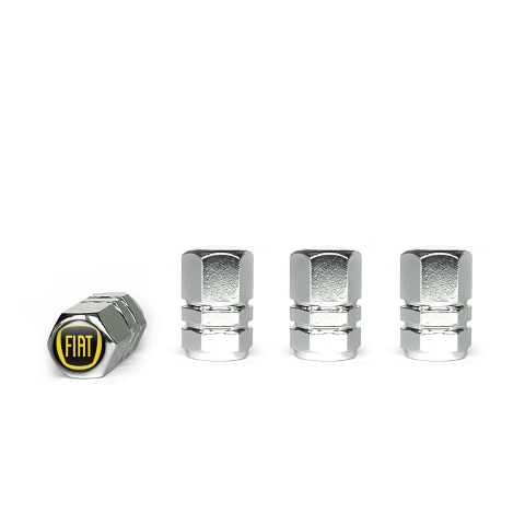 Fiat Valve Caps Chrome 4 pcs Black Silicone Sticker with Yellow Logo