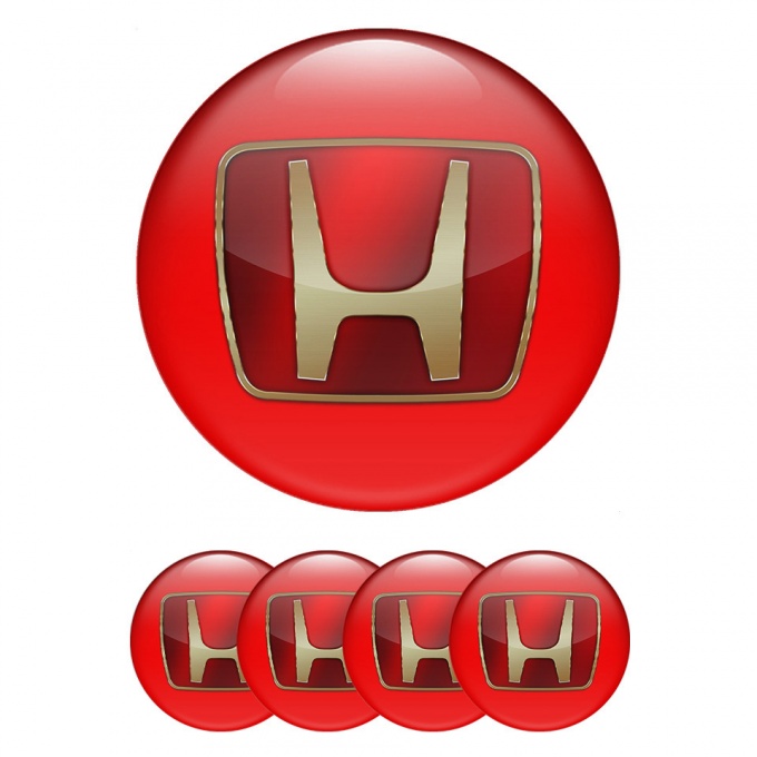 Honda Center Caps Wheel Emblem Red Base Big Gold Logo Motif