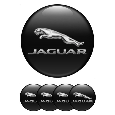 Jaguar Stickers for Wheels Center Caps Black Background Chrome Logo