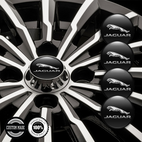 Jaguar Stickers for Wheels Center Caps Black Background Chrome Logo