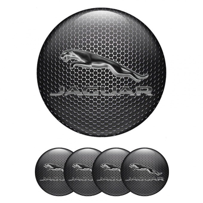 Jaguar Center Wheel Caps Stickers Metallic Mesh Dark Polished Logo