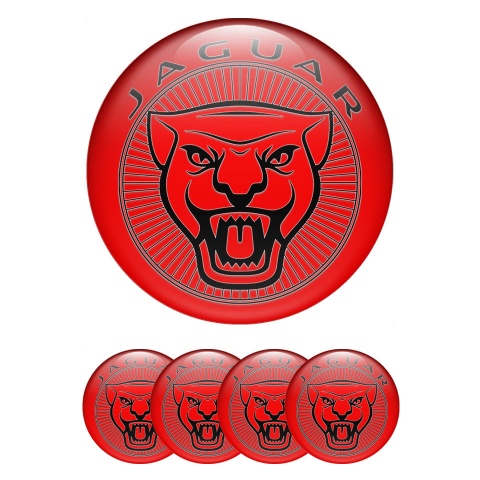 Jaguar Domed Stickers for Wheel Center Caps Red Base Outline Logo
