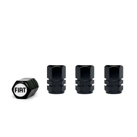 Fiat Valve Caps Black 4 pcs White Silicone Sticker with Black Logo