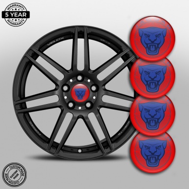 Jaguar Domed Stickers for Wheel Center Caps Red Base Blue Logo