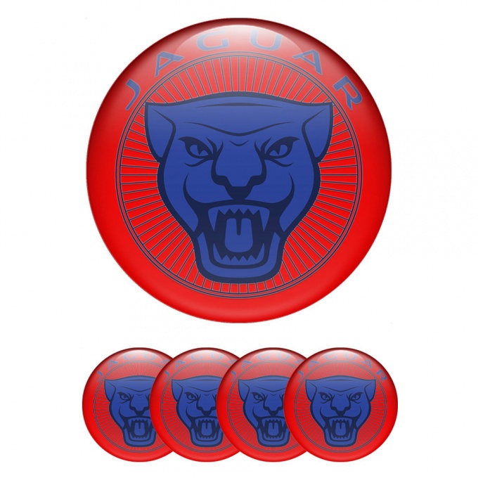 Jaguar Domed Stickers for Wheel Center Caps Red Base Blue Logo