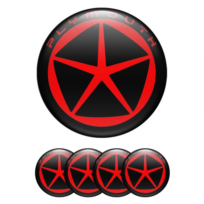 Plymouth Domed Stickers for Wheel Center Caps Black Red Star Logo
