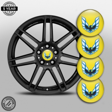 Pontiac Domed Stickers for Wheel Center Caps Yellow Base Blue Firebird Logo
