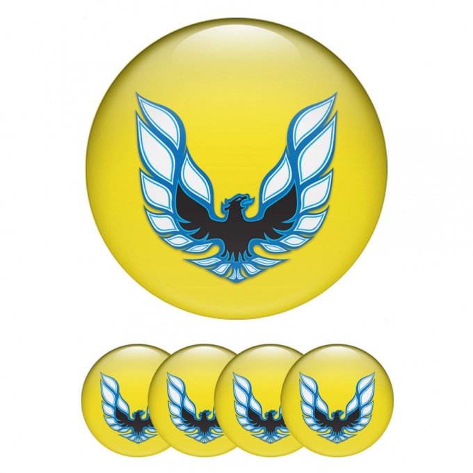 Pontiac Domed Stickers for Wheel Center Caps Yellow Base Blue Firebird Logo
