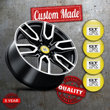 Nissan GTR Wheel Stickers for Center Caps Yellow Fill White Rectangle Logo