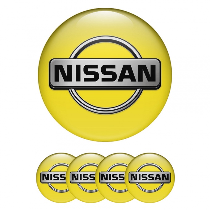 Nissan Domed Stickers for Wheel Center Caps Yellow Fill Chromatic Logo