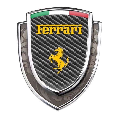 Ferrari Metal Emblem Self Adhesive Silver Dark Carbon Yellow Logo Italian Flag