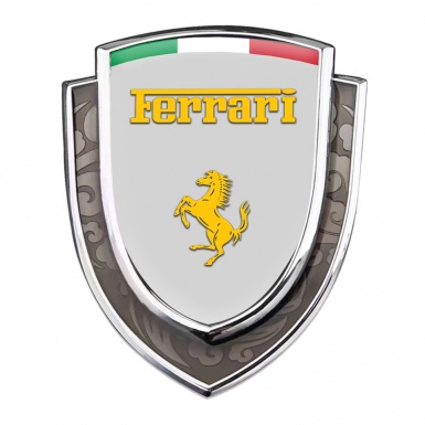 Ferrari Fender Emblem Badge Silver Grey Base Yellow Logo Italian Banner