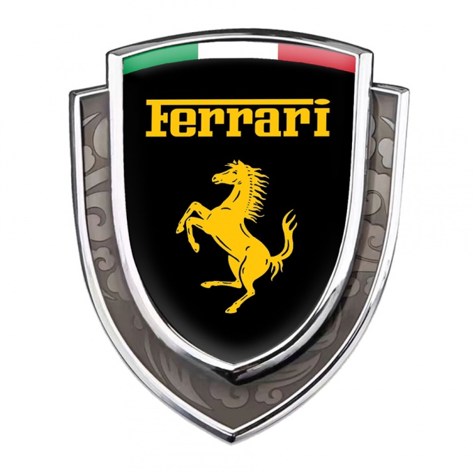 Ferrari Domed Emblem Silver Black Background Yellow Logo Italian Edition