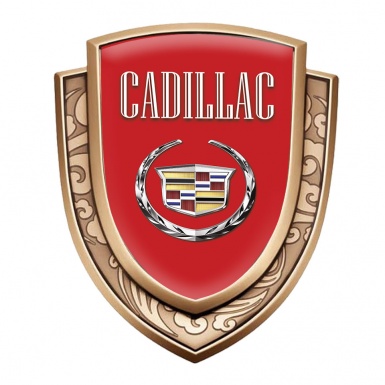 Cadillac Bodyside Emblem Self Adhesive Gold Red Base Chrome Laurel Logo