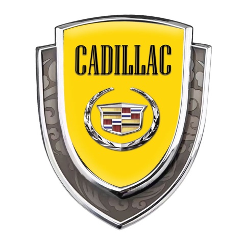 Cadillac Metal Domed Emblem Silver Yellow Base Chrome Laurel Edition