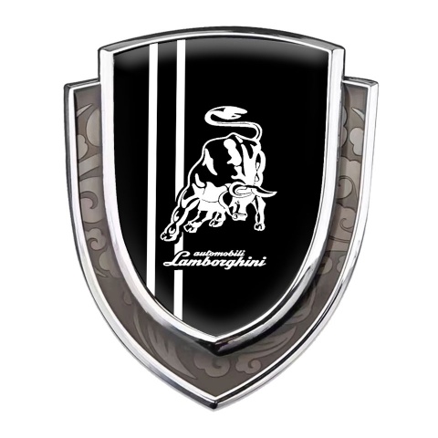 Lamborghini Metal Domed Emblem Silver Black Base White Sport Stripes