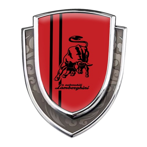 Lamborghini Emblem Badge Self Adhesive Silver Red Base Black Bull Stripes