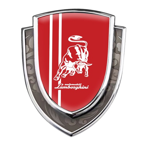 Lamborghini Emblem Fender Badge Silver Red Base White Logo Stripes