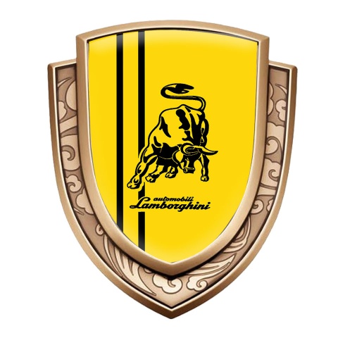 Lamborghini Metal Emblem Self Adhesive Gold Yellow Base Black Logo Stripes