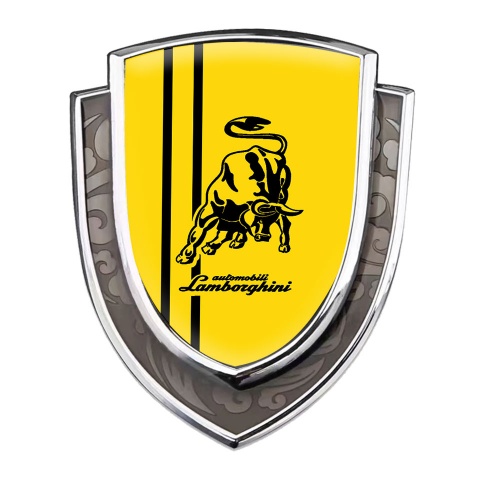 Lamborghini Metal Emblem Self Adhesive Silver Yellow Base Black Logo Stripes