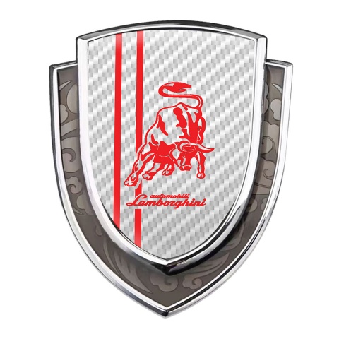 Lamborghini Domed Emblem Silver White Carbon Red Stripes Classic Logo