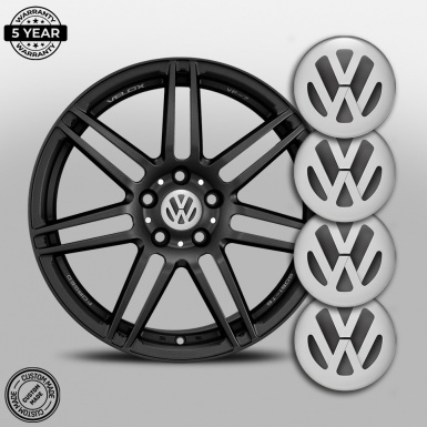 VW Domed Stickers for Wheel Center Caps Black Base Solid Grey Logo