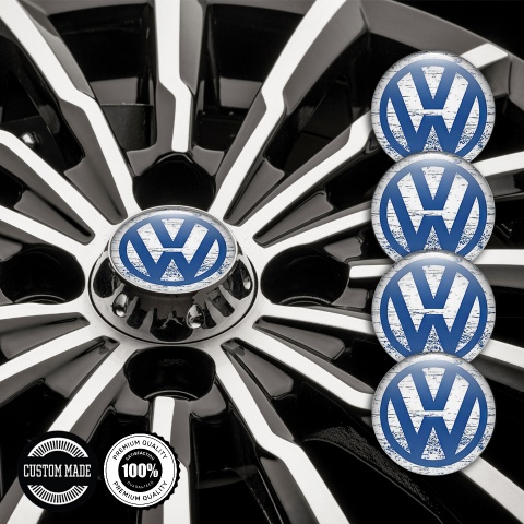 VW Emblem for Wheel Center Caps White Base Blue Grunge Design