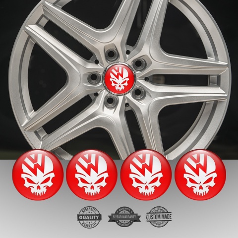 VW Wheel Emblem for Center Caps Red Base White Skull Logo
