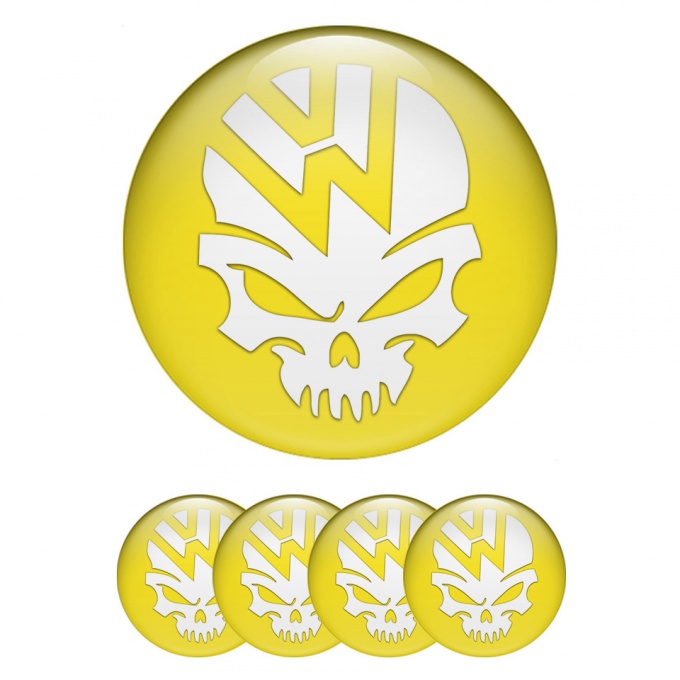 VW Stickers for Wheels Center Caps Yellow Base White Skull Logo