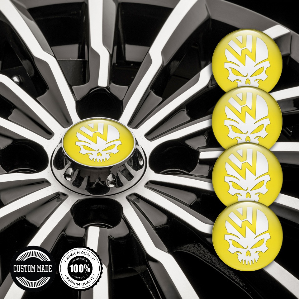VW Stickers for Wheels Center Caps Yellow Base White Skull Logo | Wheel ...