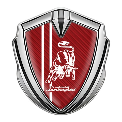Lamborghini Fender Emblem Badge Silver Red Carbon White Stripes Design