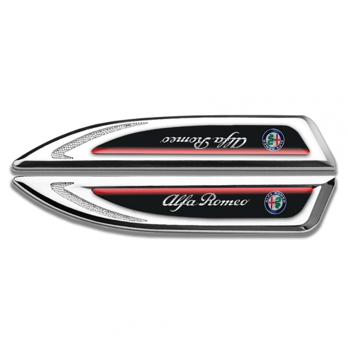 Alfa Romeo Fender Metal Badge Silver Black Fill Red Line Chrome Logo