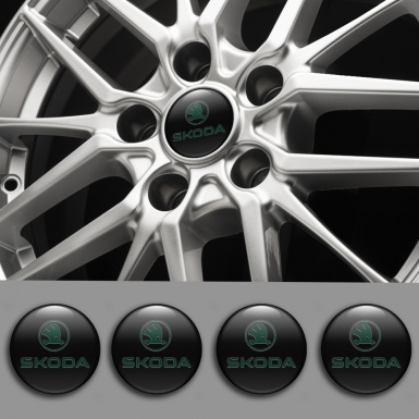 Skoda Center Wheel Caps Stickers Black Base Pastel Green Logo Design