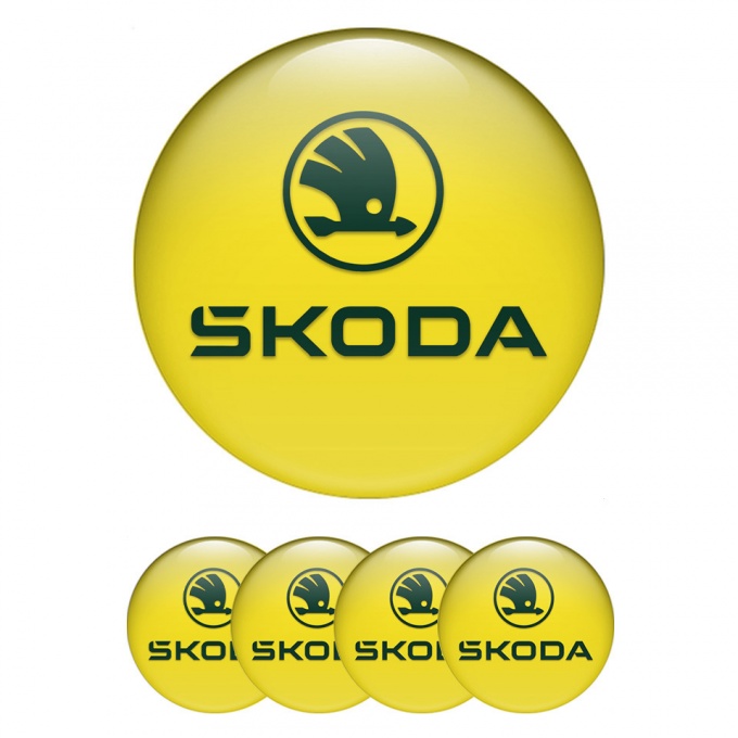 Skoda Center Caps Wheel Emblem Yellow Base Pastel Green Logo Edition
