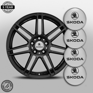 Skoda Center Wheel Caps Stickers Grey Base Black Logo Variant