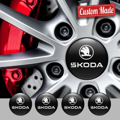 Skoda Center Caps Wheel Emblem Black Base White Logo Edition