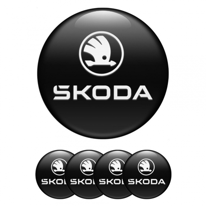 Skoda Center Caps Wheel Emblem Black Base White Logo Edition
