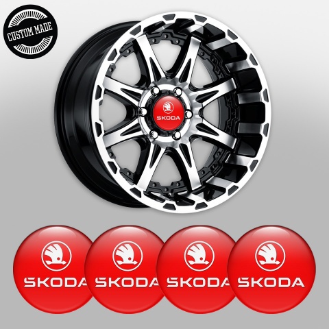 Skoda Stickers for Center Wheel Caps Red Base White Logo Variant