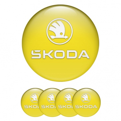 Skoda Stickers for Wheels Center Caps Yellow Base White Logo Design