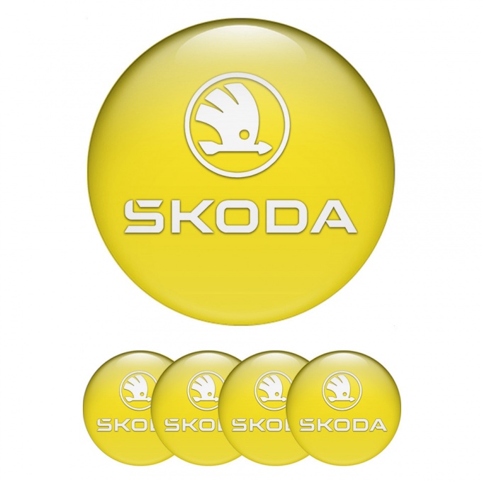 Skoda Stickers for Wheels Center Caps Yellow Base White Logo Design