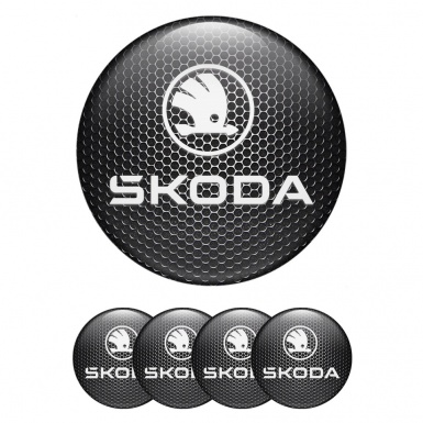 Skoda Center Wheel Caps Stickers Dark Metal Surface White Logo Edition