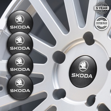 Skoda Center Wheel Caps Stickers Dark Metal Surface White Logo Edition