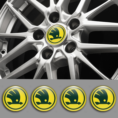 Skoda Silicone Stickers for Center Wheel Caps Yellow Background Green Logo