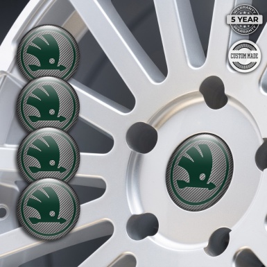 Skoda Domed Stickers for Wheel Center Caps Carbon Fiber Green Logo