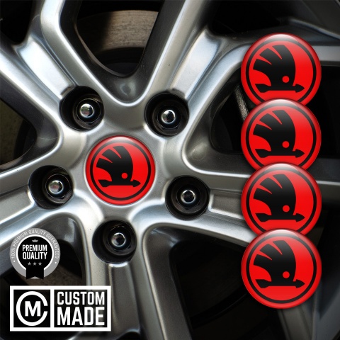 Skoda Emblem for Wheel Center Caps Red Base Black Logo Variant