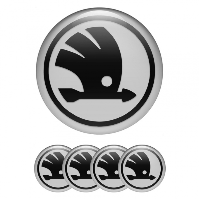Skoda Center Wheel Caps Stickers Grey Base Black Logo Model