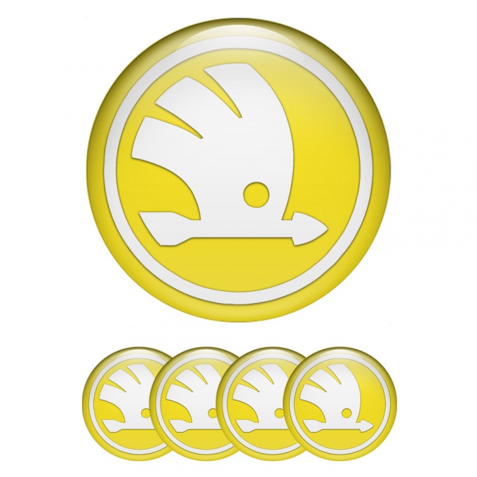 Skoda Stickers for Wheels Center Caps Yellow Base White Wings Logo Design