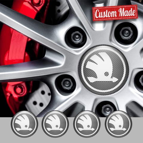 Skoda Emblem for Center Wheel Caps Carbon Fiber White Wings Logo Edition