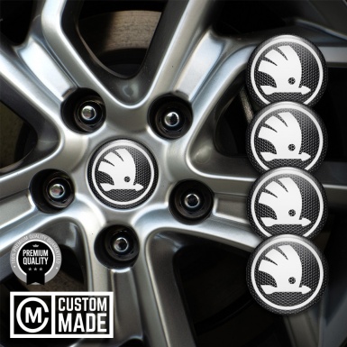 Skoda Center Wheel Caps Stickers Dark Metal White Wings Logo Edition