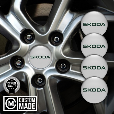Skoda Domed Stickers for Wheel Center Caps Grey Fill Green  Logo
